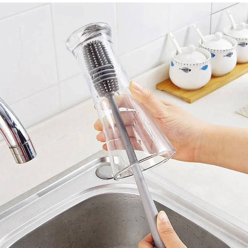 Spazzola per bottiglie di latte in silicone Spazzola per tazze Detergente per vetri Strumento per la pulizia della cucina Manico lungo Spazzola per la pulizia della tazza di vetro per bottiglie di bevande