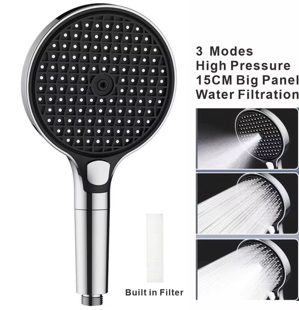 15 cm großes Panel Hochdruck-Duschkopf mit Filter, 3 Modi, großer Durchfluss, Sprühdüse, Regendusche, Wasserhahn, Badezimmer-Zubehör