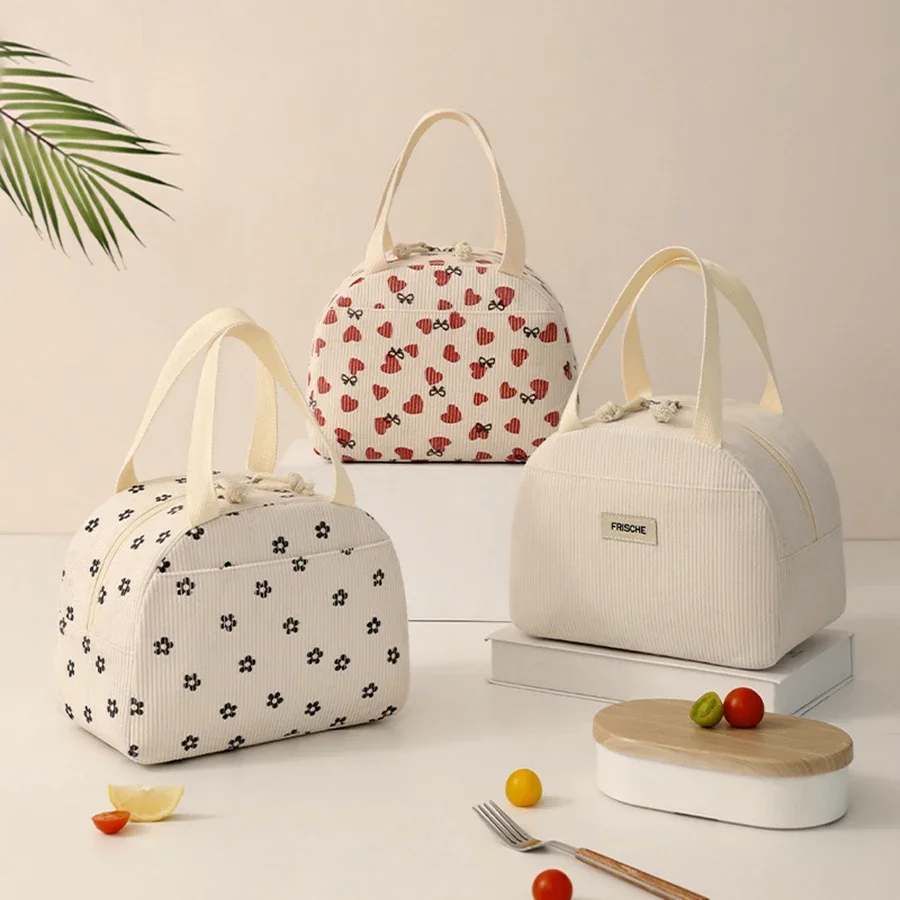 Bolsas de almuerzo de pana portátiles, fiambrera con aislamiento térmico, bolsa de almacenamiento de almuerzo con estampado bonito para mujer, bolso de gran capacidad Bento para Picnic