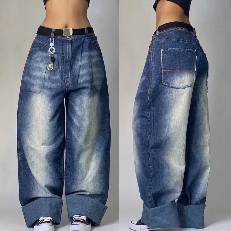 ストリートファッション新マルチポケット洗浄だぶだぶのジーンズ男性と女性 Y2K ヒップホップ原宿カジュアルゴシックハイウエストワイドズボン