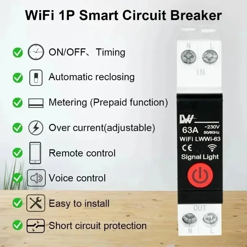 TUYA WIFI Smart Circuit Breaker Power Metering 1P 63A DIN Rail for Smart Home Wireless Remote Control Smart Switch by APP TUYA