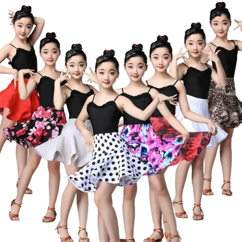 Rok dansa Rumba Latin lengan pendek untuk anak perempuan, rok dansa Modern, kostum latihan kompetisi, pertunjukan panggung, pesta Ballroom, kostum anak perempuan