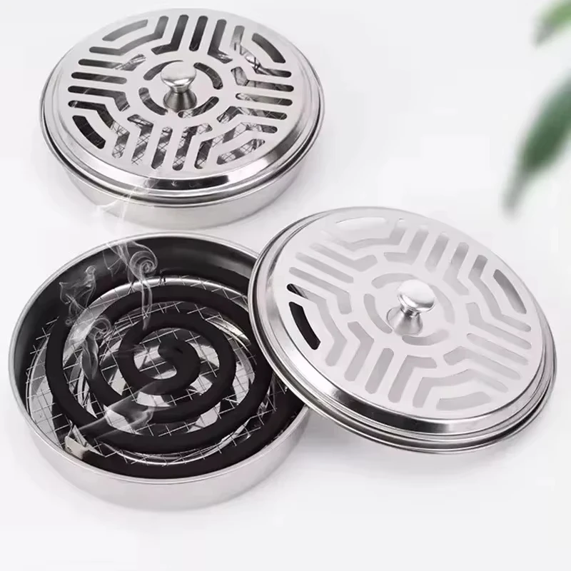 Soporte para bobinas de mosquitos, caja de bobina para mosquitos de acero inoxidable con cubierta, bandeja redonda para bobina de mosquitos, suministros antimosquitos fáciles de limpiar