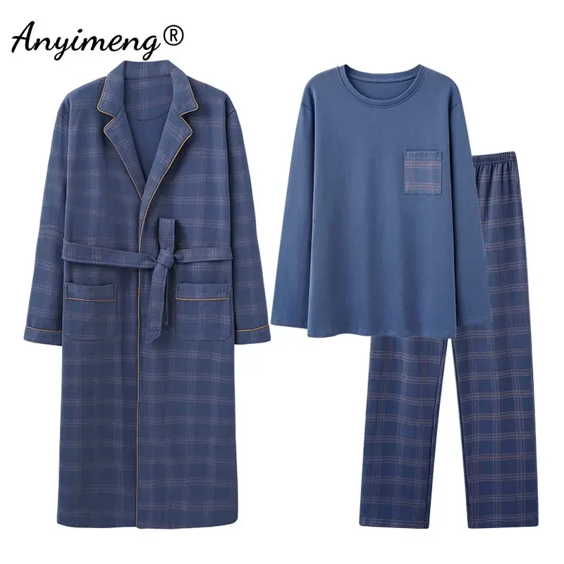 Pyjama à carreaux et à manches longues pour hommes, 3 pièces, grande taille 4XL, zone de loisirs, vêtements de nuit en coton doux, automne et hiver