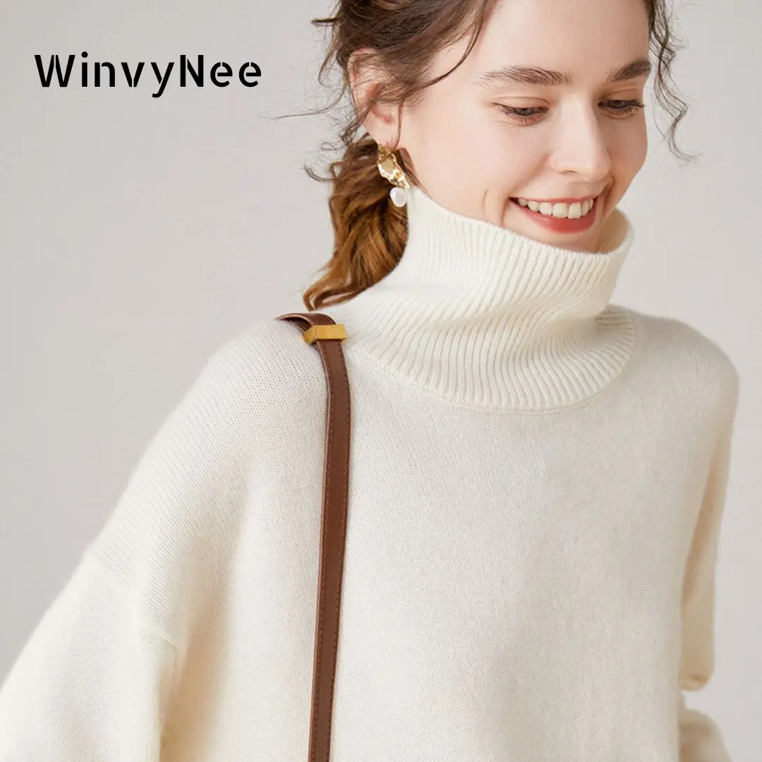 WwiyNee-Suéter de gola alta branco feminino, 100% lã, solto, pulôver casual, casacos macios, plus size, roupas de inverno, A1103002