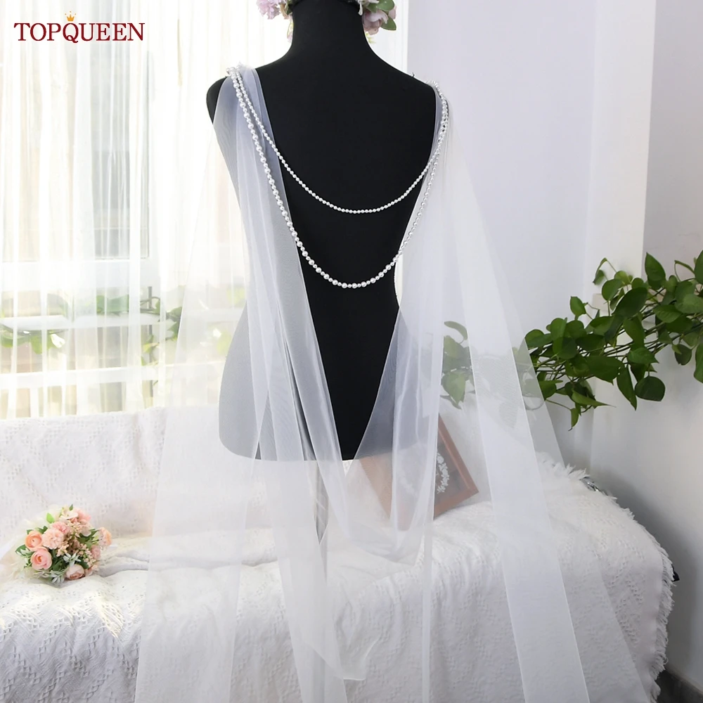 TOPQUEEN G33 jubah pernikahan elegan kerudung selendang pengantin mantel selendang kereta panjang dengan manik-manik mutiara putih gading pernikahan dapat disesuaikan