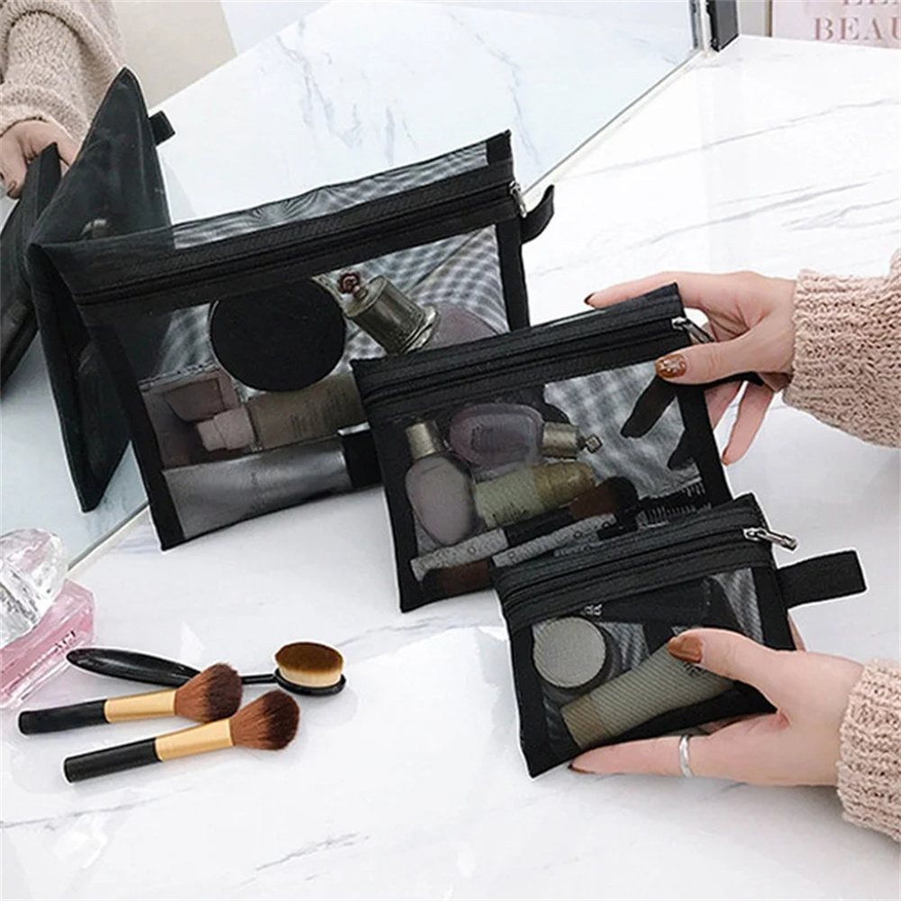 Bolsa de cosméticos de malla para mujer, bolsa de almacenamiento de viaje para maquillaje, organizador, bolsa de maquillaje para mujer, estuche de belleza portátil pequeño y grande