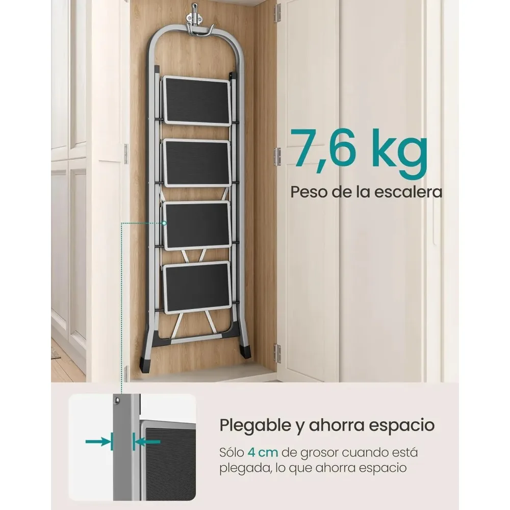 Escalera de tijera, escalera con 4 escalones, escalón plegable, cerradura de seguridad, fácil de almacenar, carga hasta 150 kg