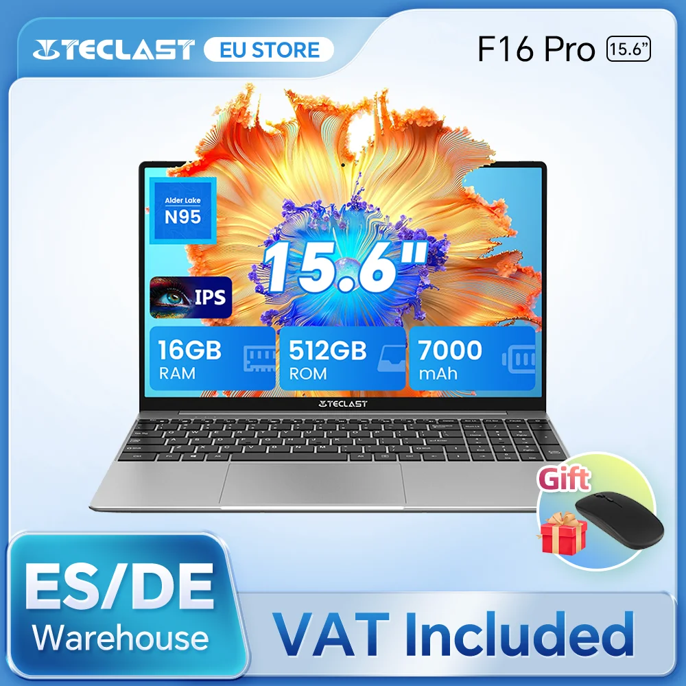 Teclast F16 Pro Laptop, Windows 11 Pro, CPU Intel N95, 16GB RAM, 512GB SSD, Schermo IPS 15,6" 1920x1080, Wi-Fi 6, USB 3.2, Tastiera retroilluminata, mini-HDMI