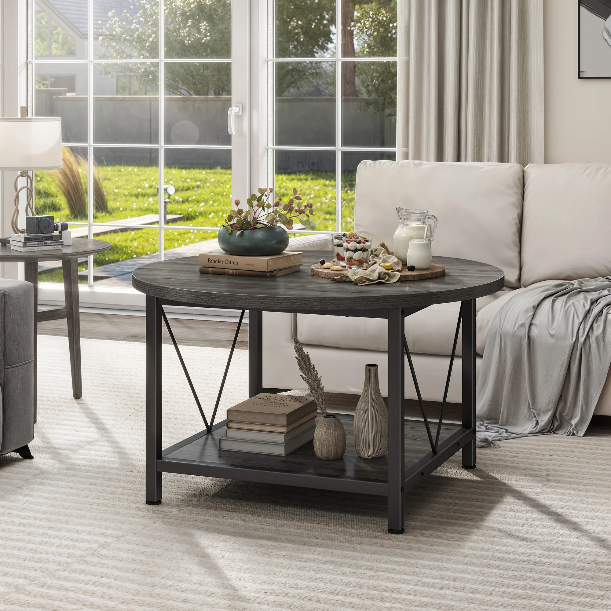 YITAHOME Runder 80 x 80 x 46 cm großer Couchtisch – industrieller Retro-Stil mit Ablagefach und Metallbeinen für das Wohnzimmer