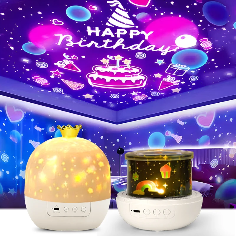 Coroa estrela luz projeção rotativa estrela quarto teto atmosfera noite lâmpada estrelas presente de aniversário das crianças com folhas de filmes