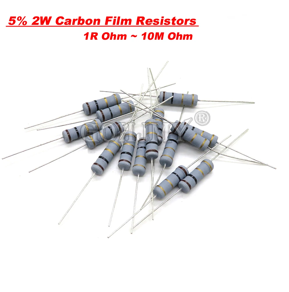 Resistencias de película de carbono 20 piezas, 2W, 1R-10M 5% 10R 15R 47R 100R 220R 1K 5K 10K 4K7 100K 560K 1M 3M3 Ohm, resistencia de anillo de Color