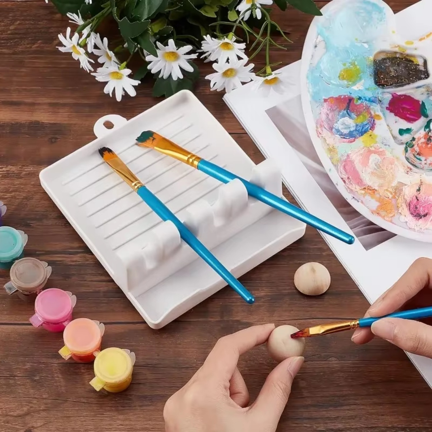 1Pc Kwast Rest Houder Wit Plastic 4 Slots Schilderijen Borstels Rustten Lekbak Pad voor Aquarel Olie Acryl schilderen