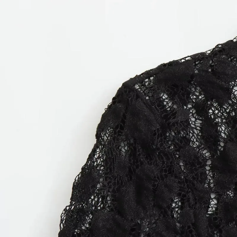 TRAF ลูกไม้ชุดบอดี้สูทผู้หญิงฤดูใบไม้ร่วงสีดํา Cutwork O-คอยาวแขนยาว Spandex เซ็กซี่ชุดชั้นในสําหรับ Fine ผู้หญิง