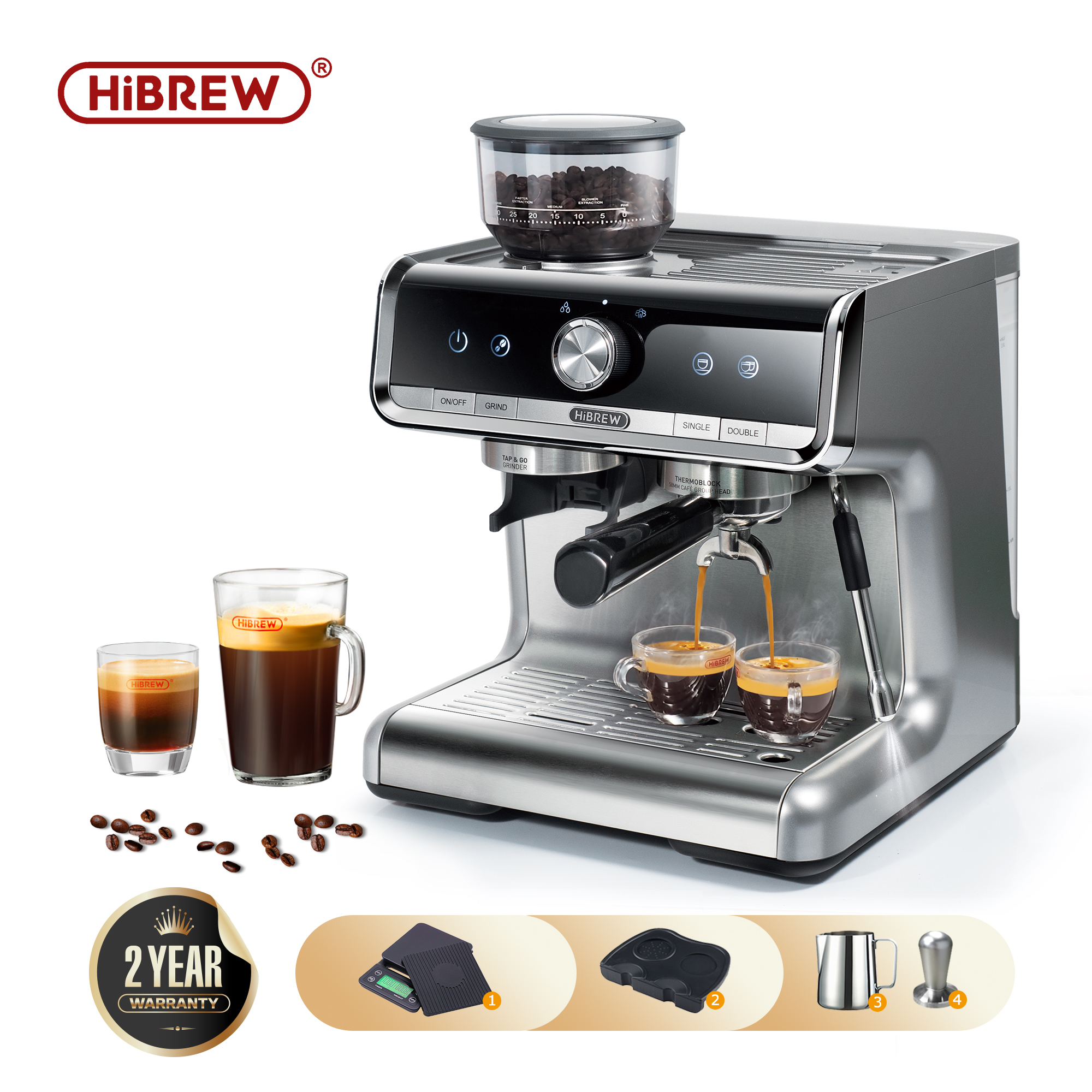 HiBREW Barista Pro 20Bar Feijão para Espresso, Cafetera Máquina de Café de Nível Comercial com Kit Completo para Café Hotel Restaurante H7
