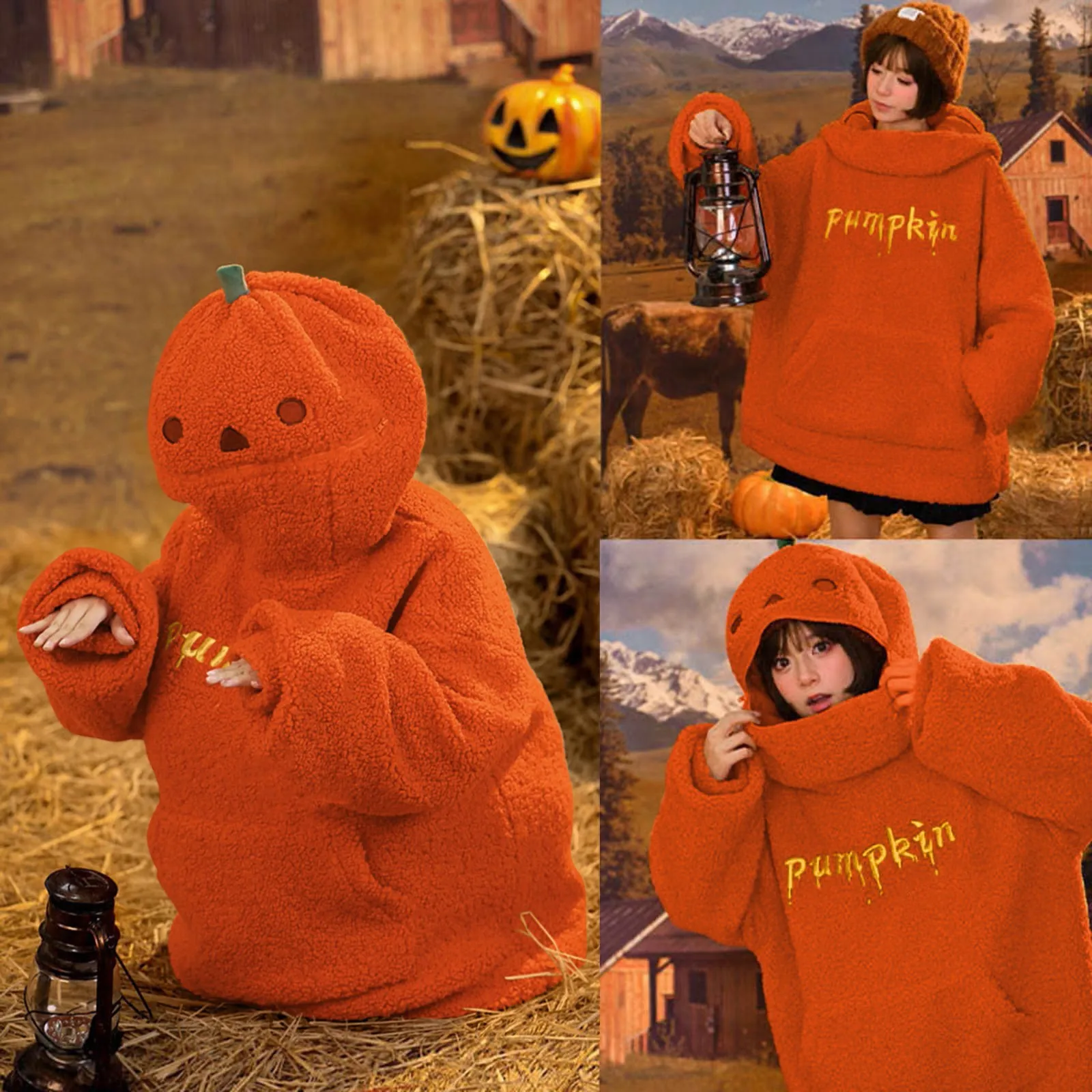 Sudadera holgada con capucha y cuello redondo para mujer, sudadera cálida de lana de doble cara con dibujos animados de Halloween, otoño e invierno