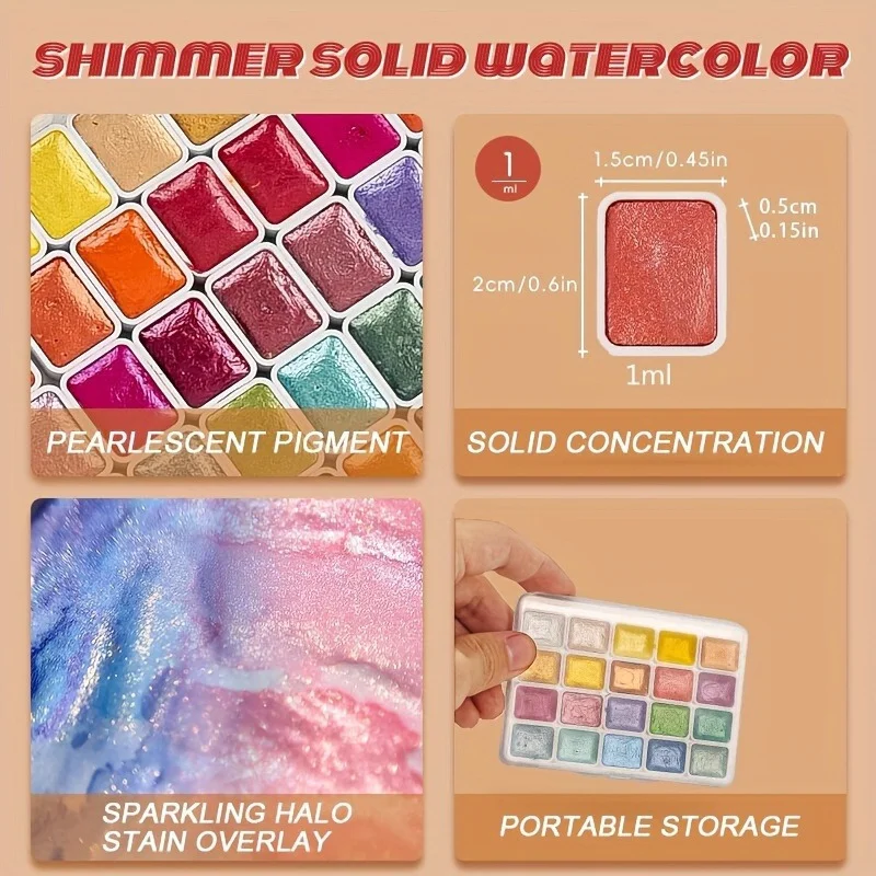 20-farbiges Aquarell-Malset aus Metall, neue tragbare Box mit funkelnden Perlen, solide Aquarellmalerei, Künstlerbedarf