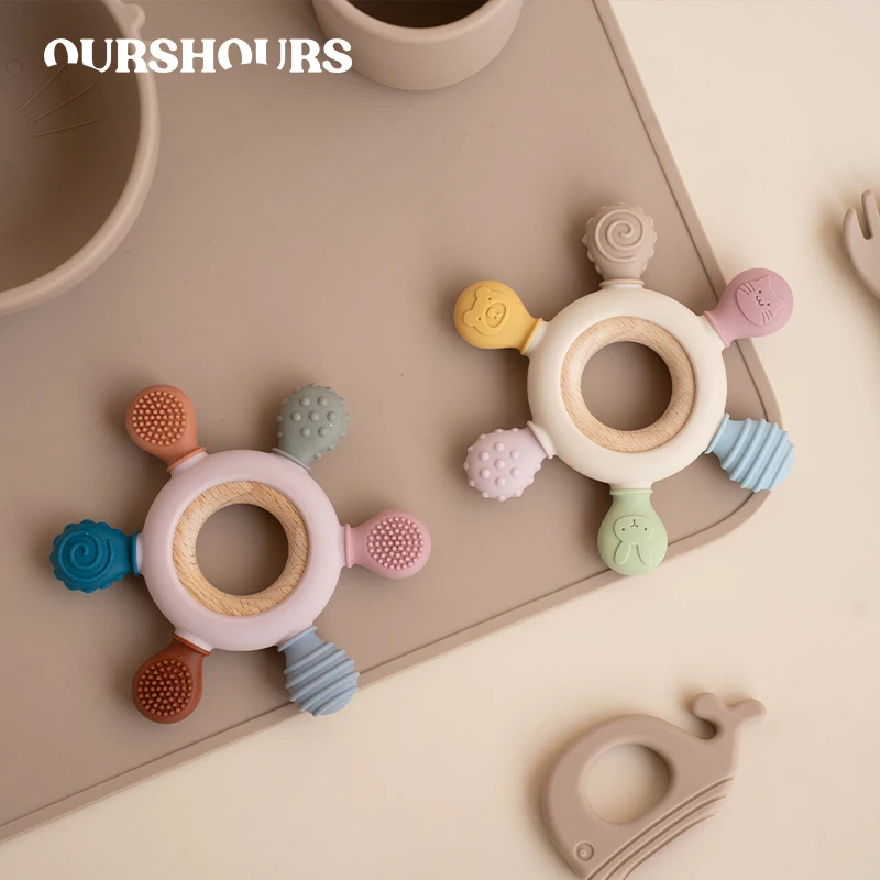 1pc grau alimentício bebê silicone mordedor leme forma anel de madeira dentição brinquedos bpa livre infantil mascar brinquedo de enfermagem presentes recém-nascidos