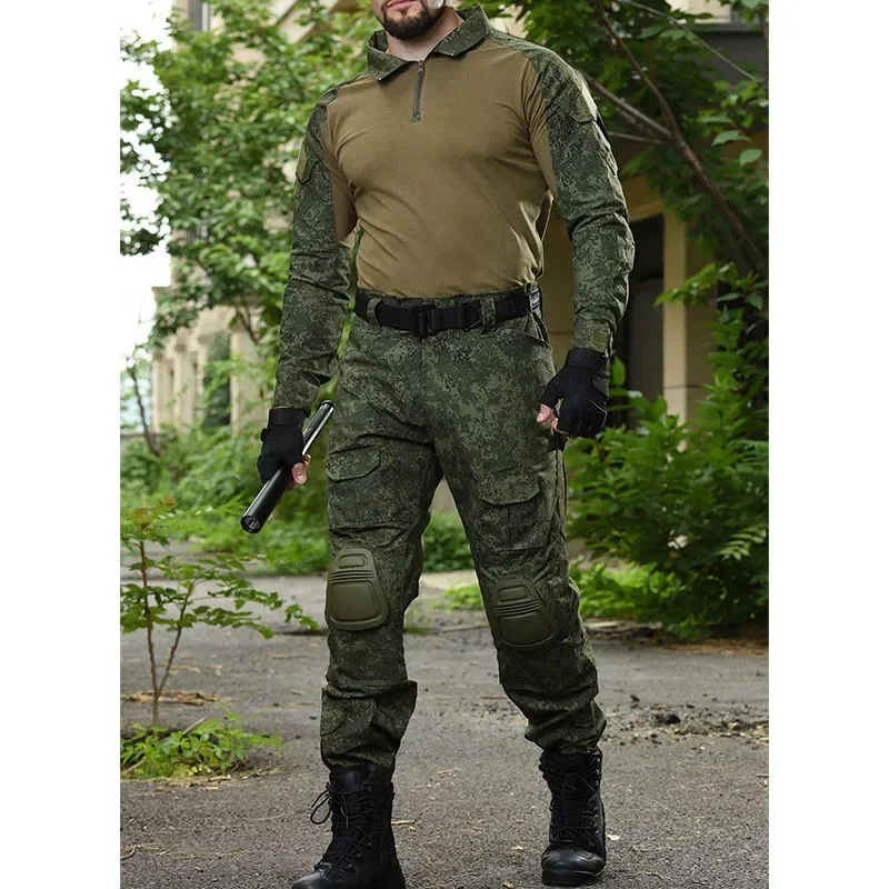 RU 迷彩戦術セット男性屋外通気性長袖 T シャツ + マルチポケットストレートカーゴパンツ 2 個スーツトレーニング戦闘セット