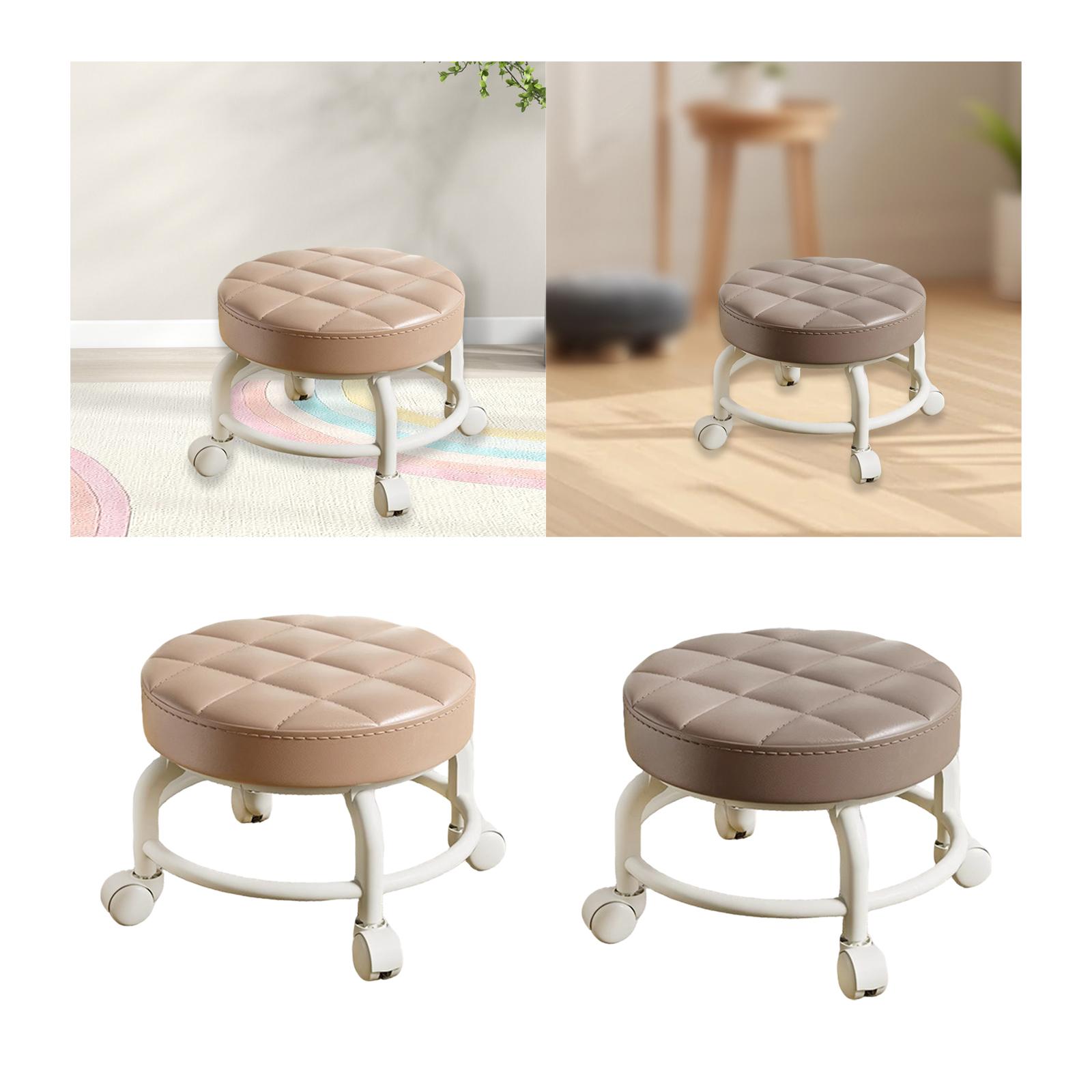 Low Rolling Stool 25x25x20cm round PU Leather Seat with Swivel Wheels Adjustable Height Kitchen Island Bar Seat