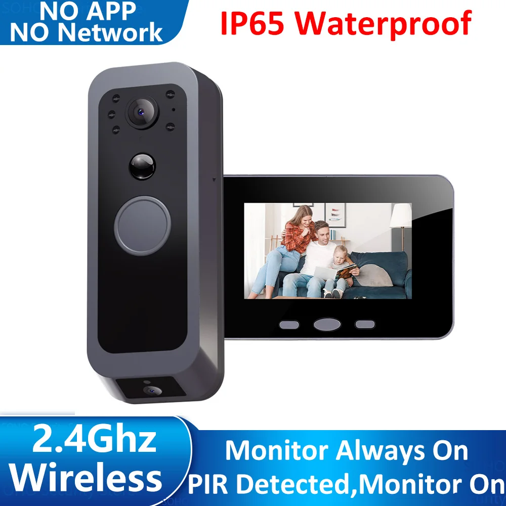 2,4 Ghz Draadloze Video Deurbel IP65 Buitenbewaking Tweeweg Audio Intercom Deurcamera PIR Bewegingsdetectie 4 'IPS Scherm