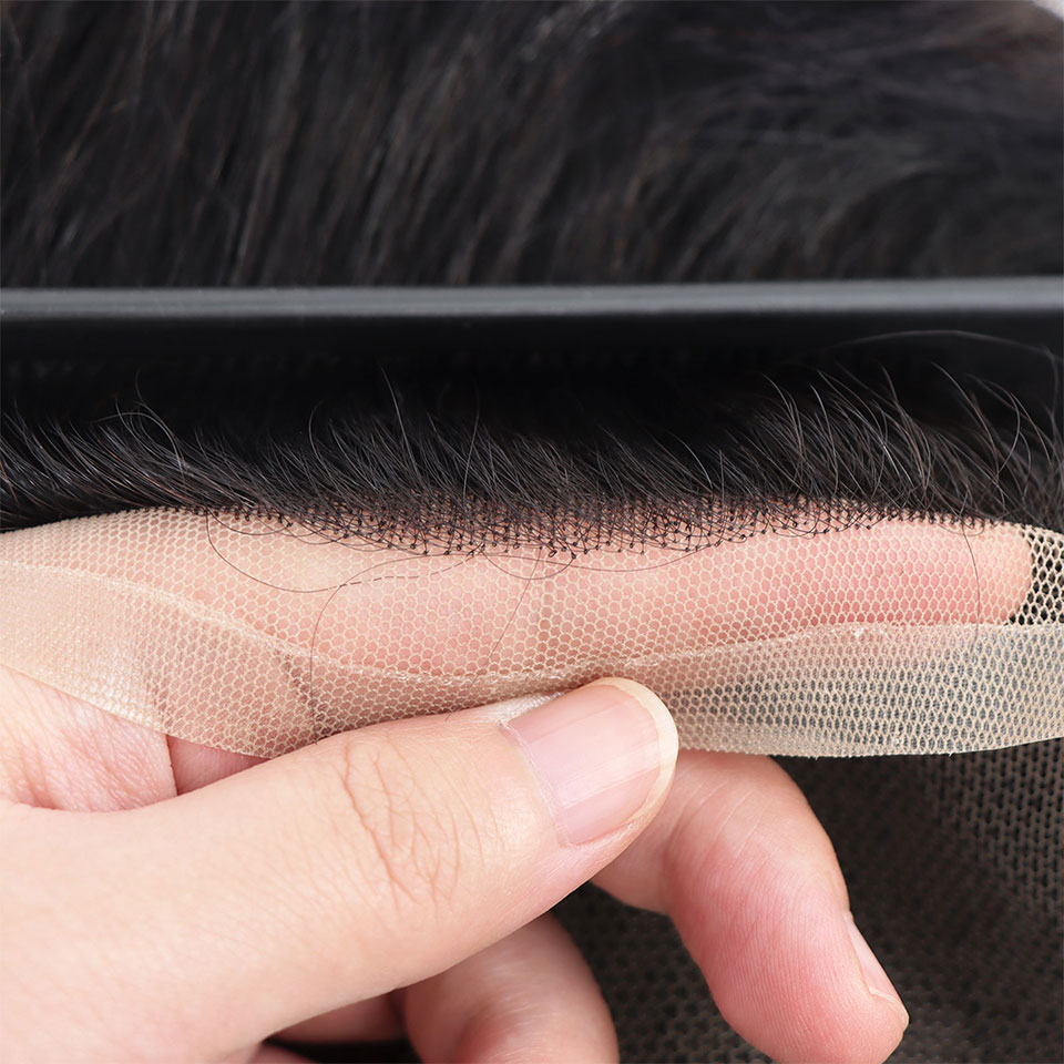 Q6 Basis 6*8/6*9/7*10/8*10 Kant Met PU Toupetje Mannen Ademend Kant Voor Heren Pruik Menselijk Haar Toupetje Heren Vervangingssystemen