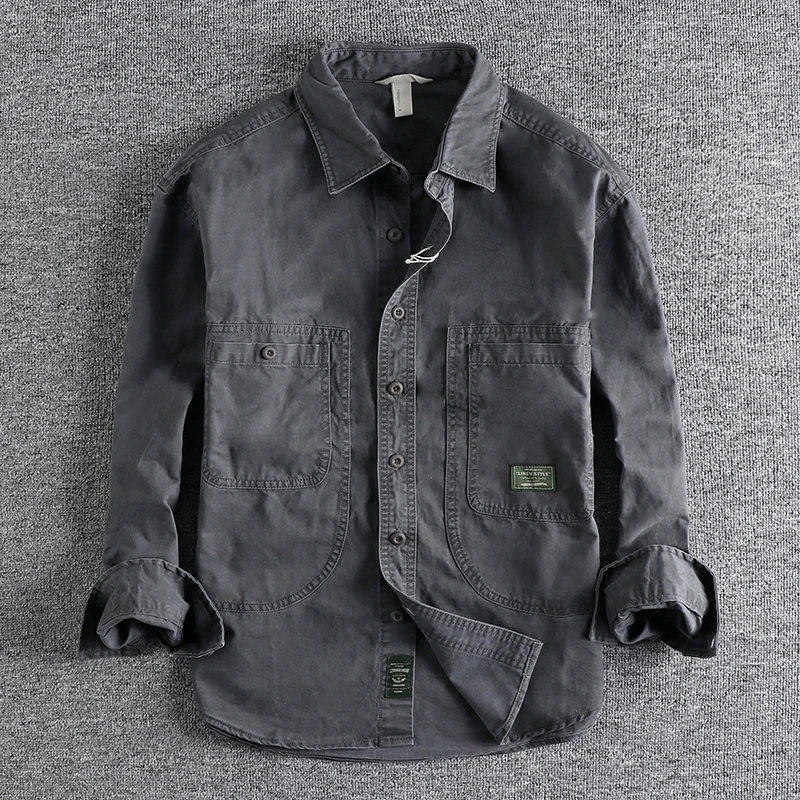Classic Retro Work Shirt with Distressed and Heavy Washed Design, A Timeless Style for Everyday Wear