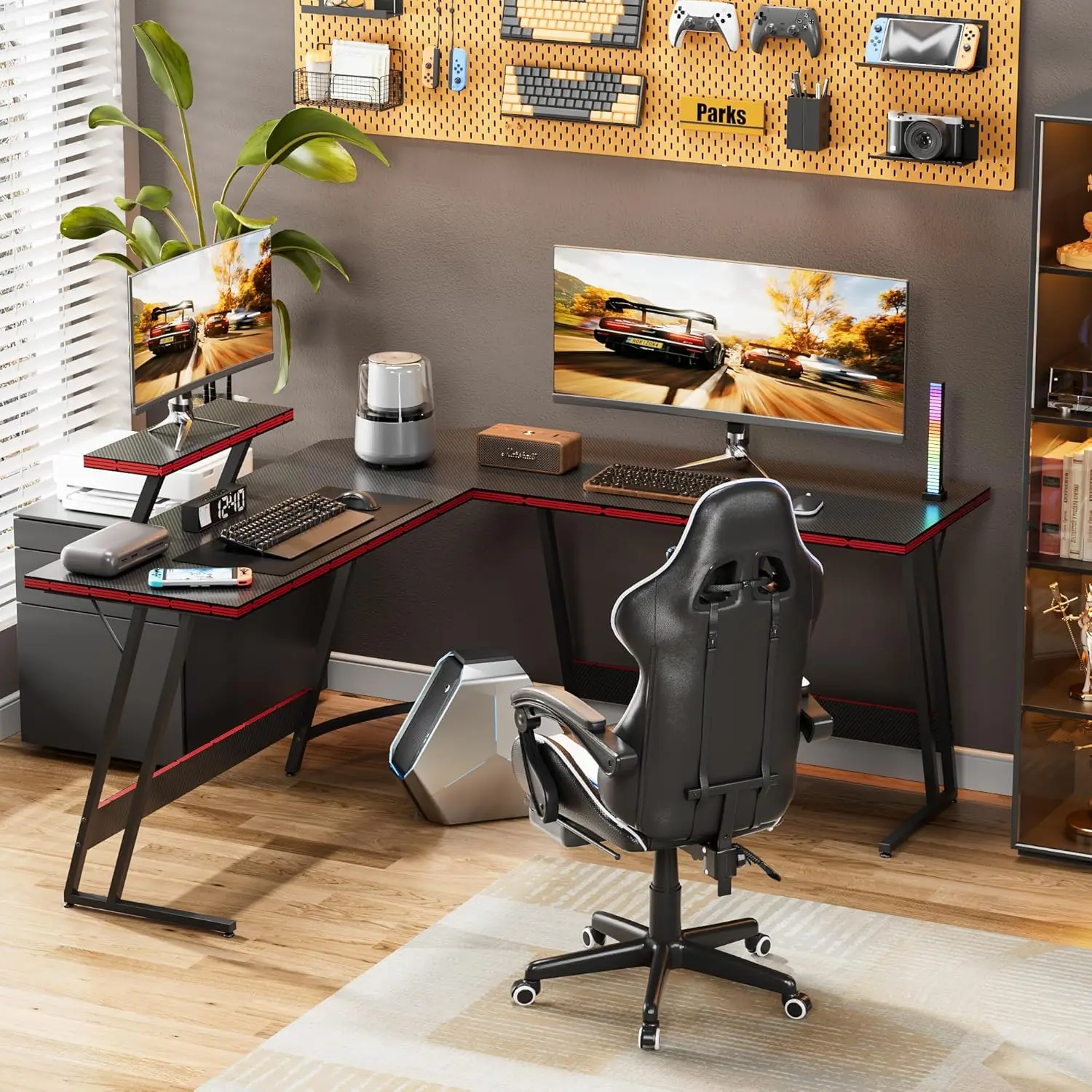 L Shaped Gaming Desk Computer Corner Desk PC Gaming Desk Table with Large Monitor Riser Stand for Home Office Sturdy Writing