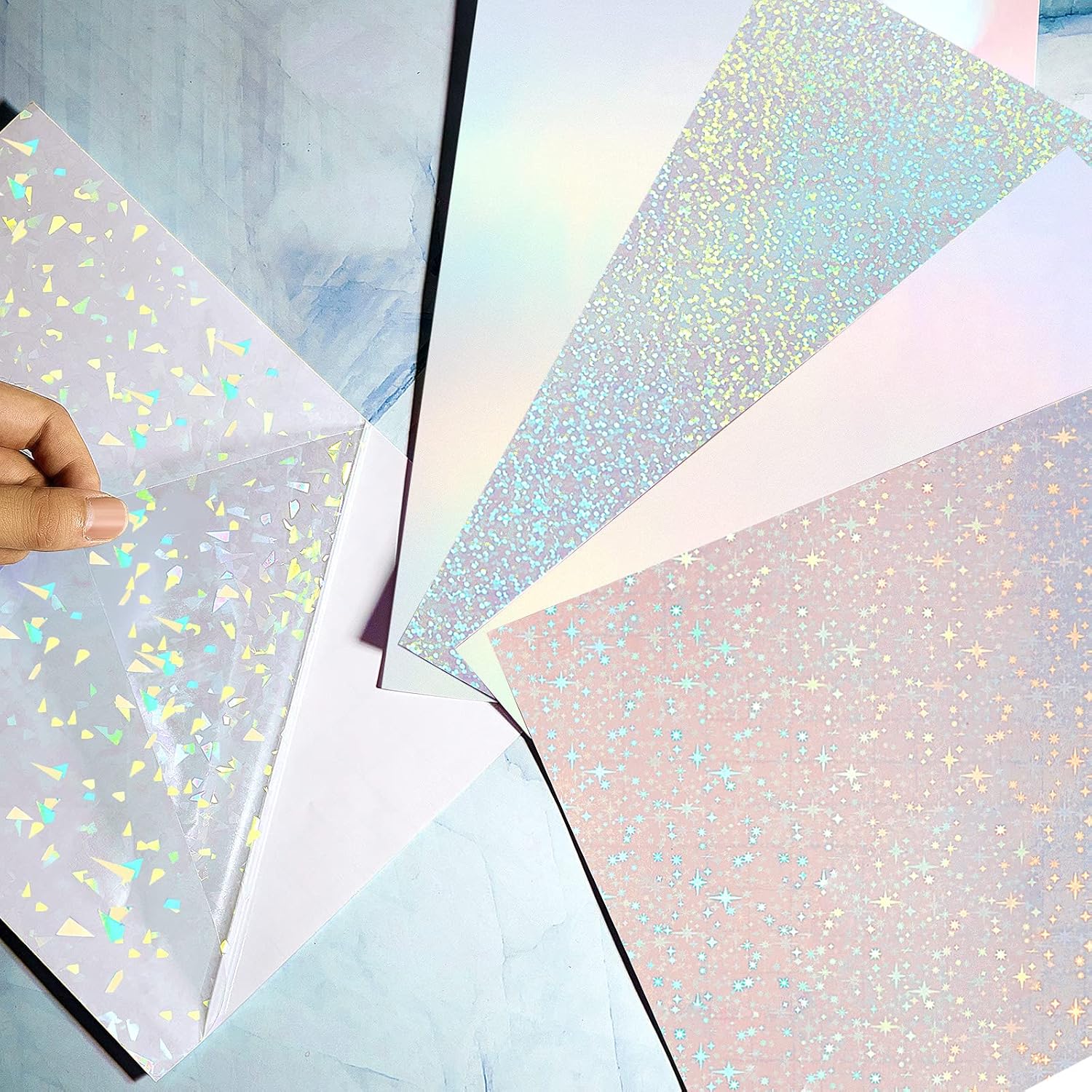 50 Sheets - 6 Style Holographic Sticker Paper - 2.9 x 4.1 Inch Overlay Cold Laminating Film Self Adhesive Vinyl Sheet