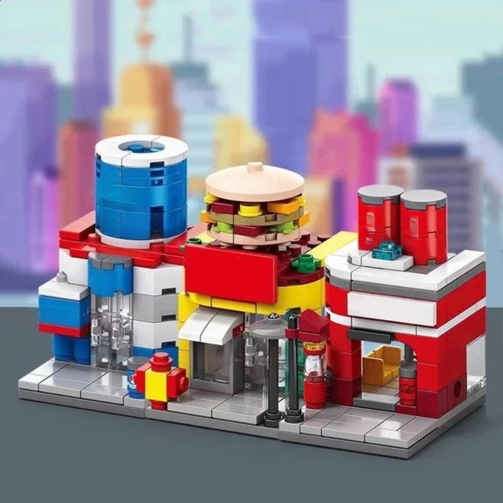 City Mini Shop Supermarket Street View Model Building Blocks Hamburger Restaurant Retail Store Bricks Architecture Friend Girl
