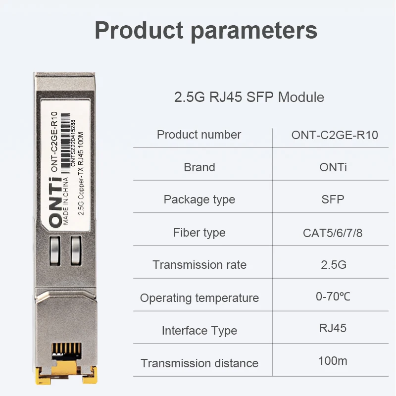 Módulo ONTi 2.5G RJ45 SFP Módulo transceptor SFP RJ45 de cobre SFP de 2,5 Gbps Compatible con con conmutador Ethernet Cisco/Mikrotik