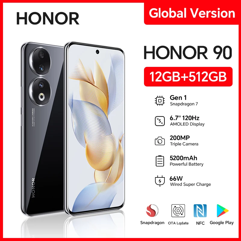 New Global Version HONOR 90 5G 200MP Ultra-Clear Camera Snapdragon 7 Gen 1 5000mAh Battery Life 66W Supercharger 120Hz Display