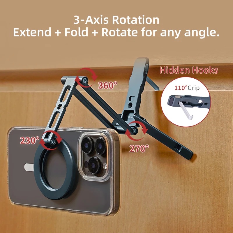 XILETU Magsafe Magnetic Phone Tripod Stand with Hook Foldable Desktop Holder for iPhone Smartphones Selfie Video