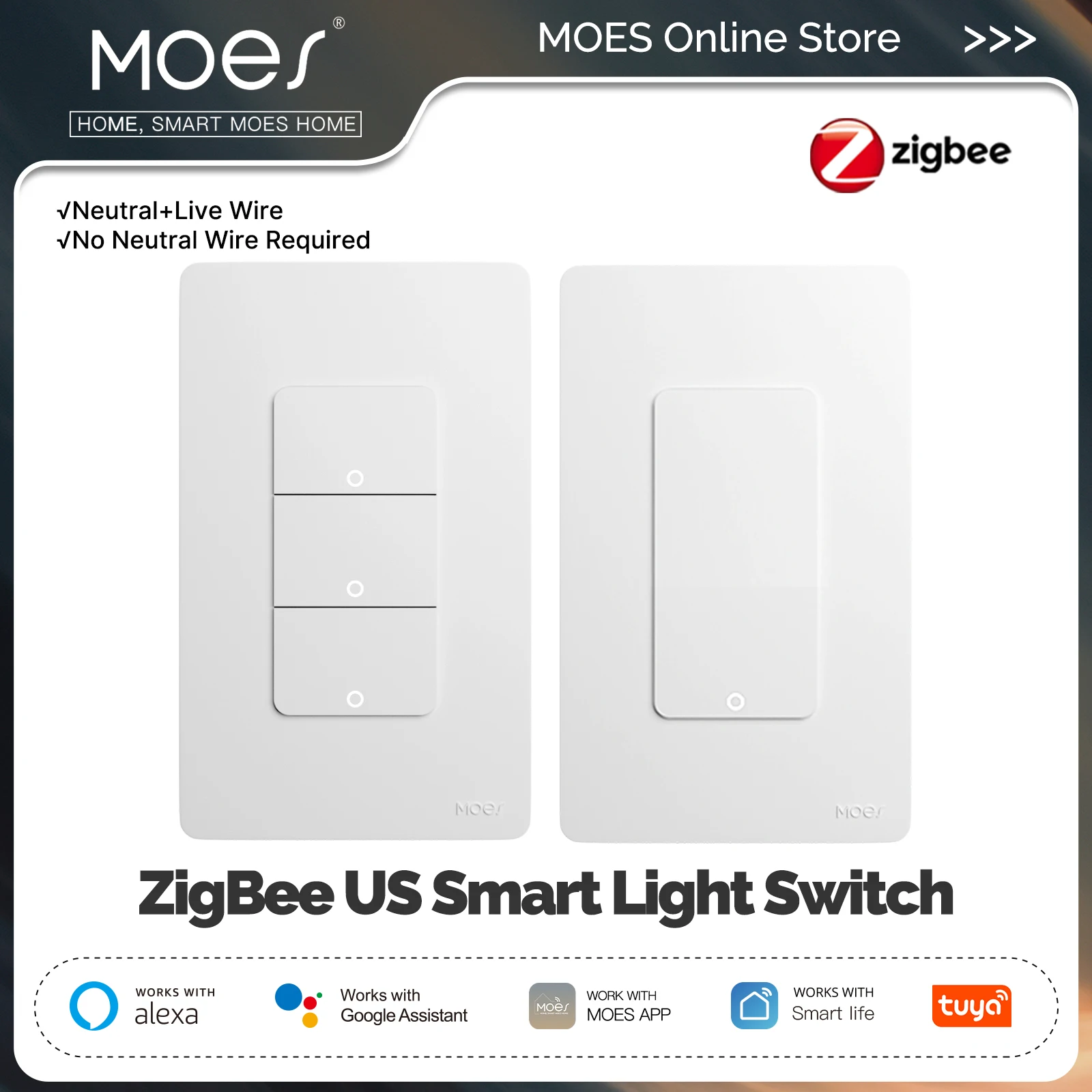MOES Tuya ZigBee slimme lichtschakelaar Amerikaanse drukknop wandschakelaar werken met Alexa Google Home neutrale draad / geen neutrale draad vereist