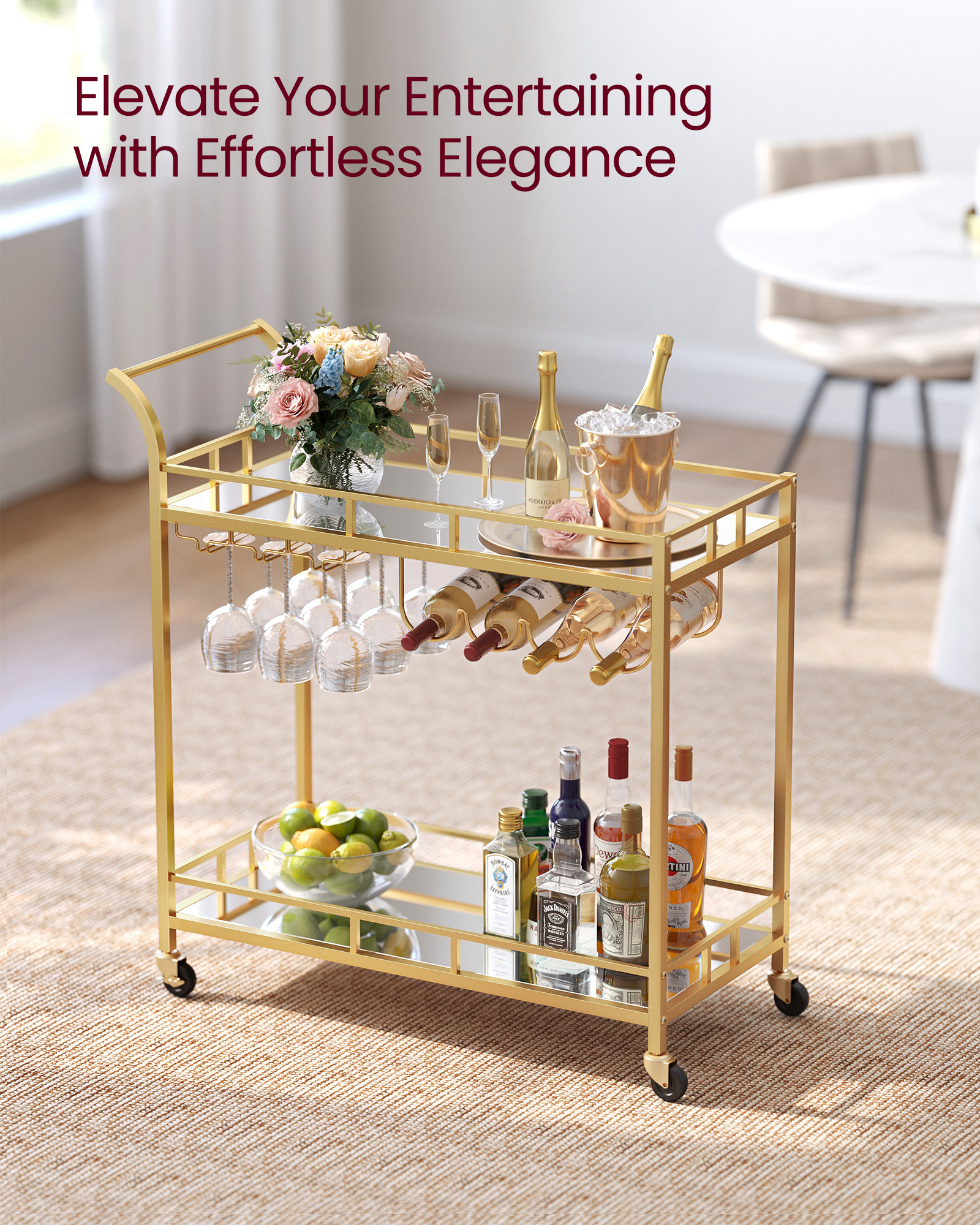 VASAGLE Drinks Trolley, Bar Cart, Serving Trolley with 2 Mirrored Shelves, Wine Holders, Glass Holders
