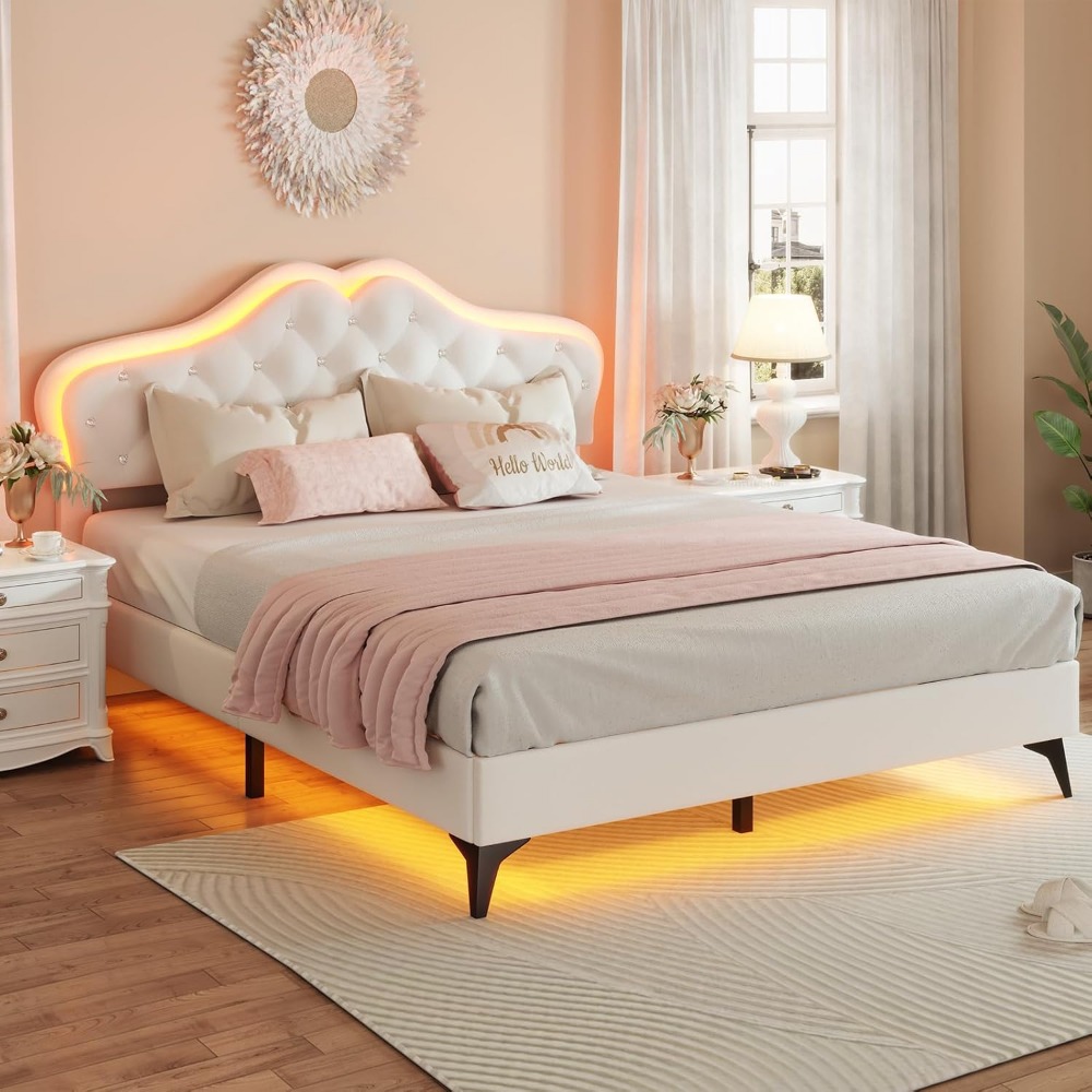 Full Size Upholstered Bed Frame with LED Lights, Adjustable Headboard with Crystal Button,Solid Wood Slats Support