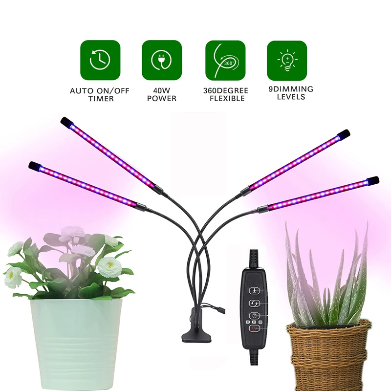 1/2/3/4 Head LED Plant Grow Light With Clip-on Plant Light 3 Light Color Switching USB Timable Dimming Full Spectrum Grow Lamp