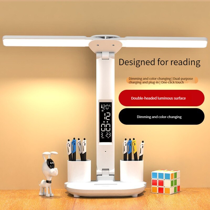 LED Relógio Desk Lamp, USB recarregável, Plug-In, Dimmable Desk Lamp, 180 Rotatable, dobrável proteção para os olhos, Leitura Night Light, 2 cabeças