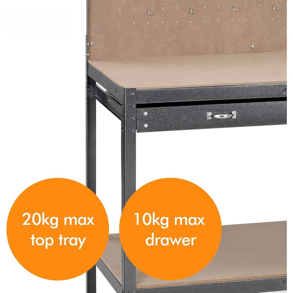 Garage Work Bench with Pegboard, Workbench Containing, Storage Drawer, Shelf and 20 Hooks, 230kg Capacity, Workbenches