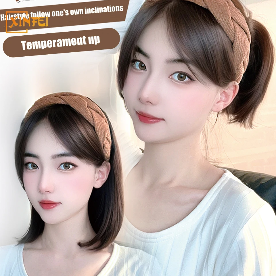 Perucas sintéticas com faixa de cabelo para mulheres, estilo curto, extensão do cabelo, cabelos macios, naturais, aumentar, 1 pc
