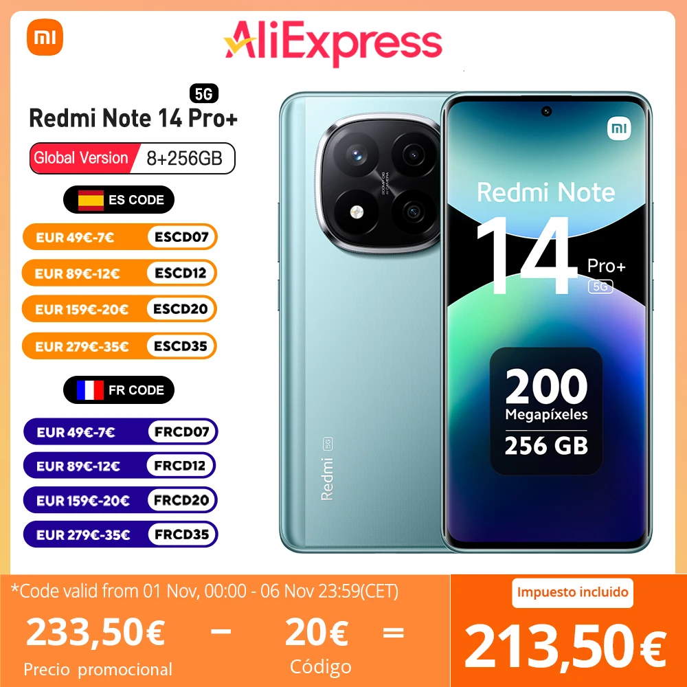 Xiaomi Redmi Note 14 Pro Plus 5G NFC, Snapdragon® 7s Gen 3,Pantalla AMOLED de 6,67" 1,5K,Cámara de 200MP,Cargador no Incluido