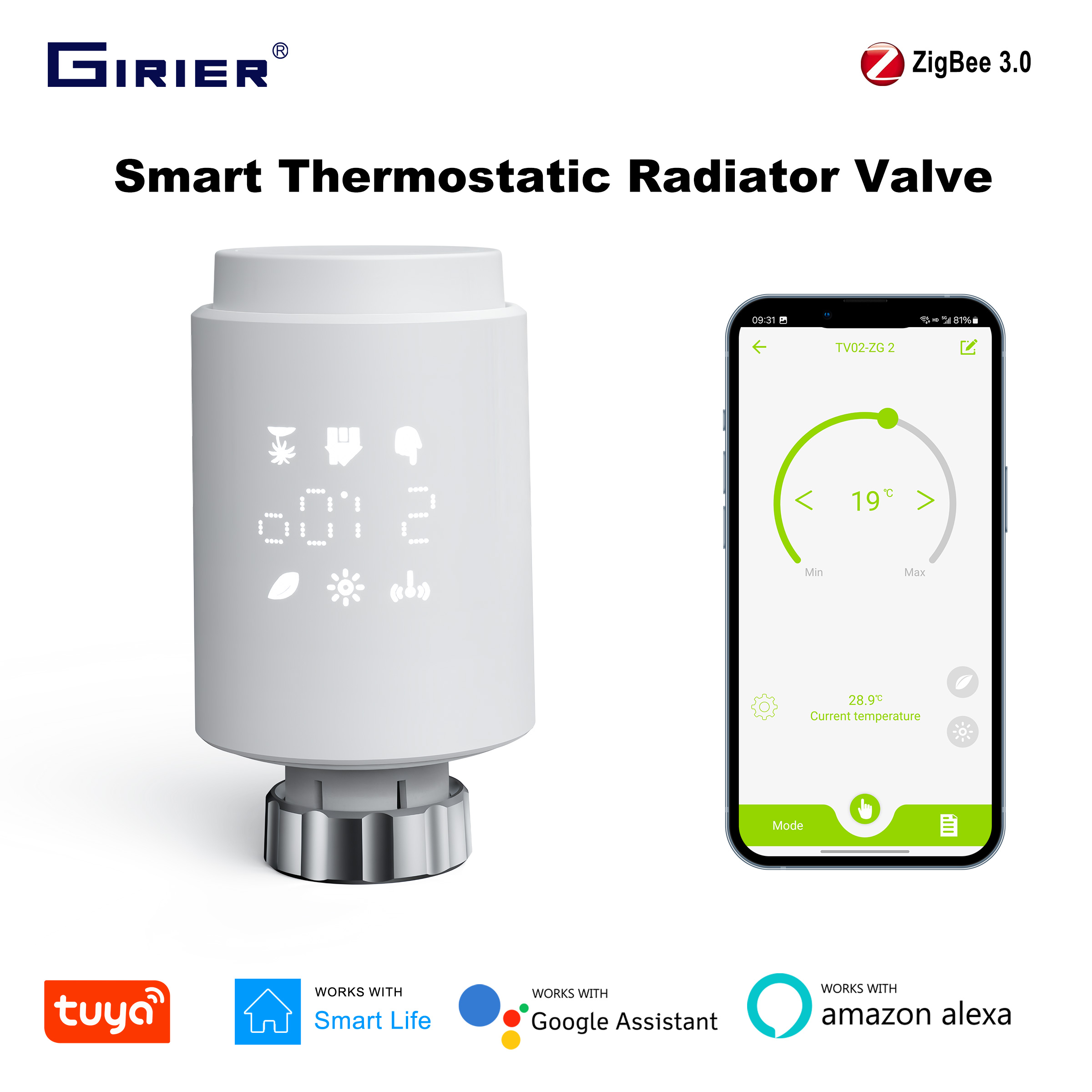GIRIER Tuya válvula termostática inteligente para radiador ZigBee termostato radiador TRV controlador de temperatura programable funciona con Alexa
