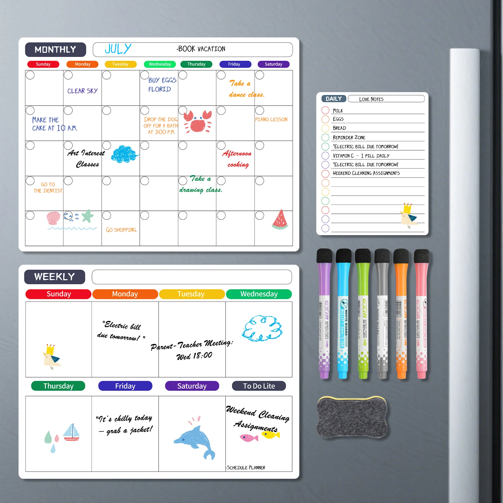 3 Pack Monthly & Weekly & Daily Planner Whiteboard Magnetic Calendar for Refrigerator Wall Door Shopping/Menu Family Schedule