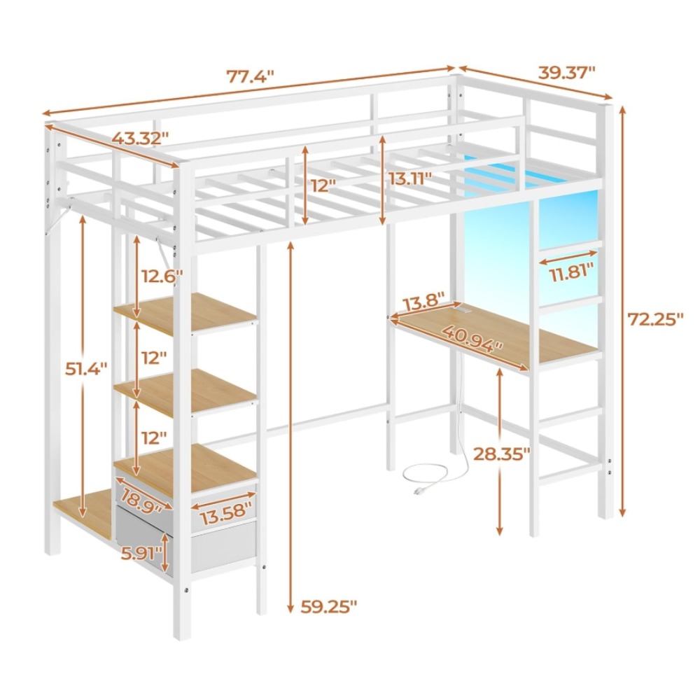 Loft Bed Twin Size with Desk and Charging Station Metal Loft Bed with Led Lights,Storage Shelves and Drawers Twin Size Bed