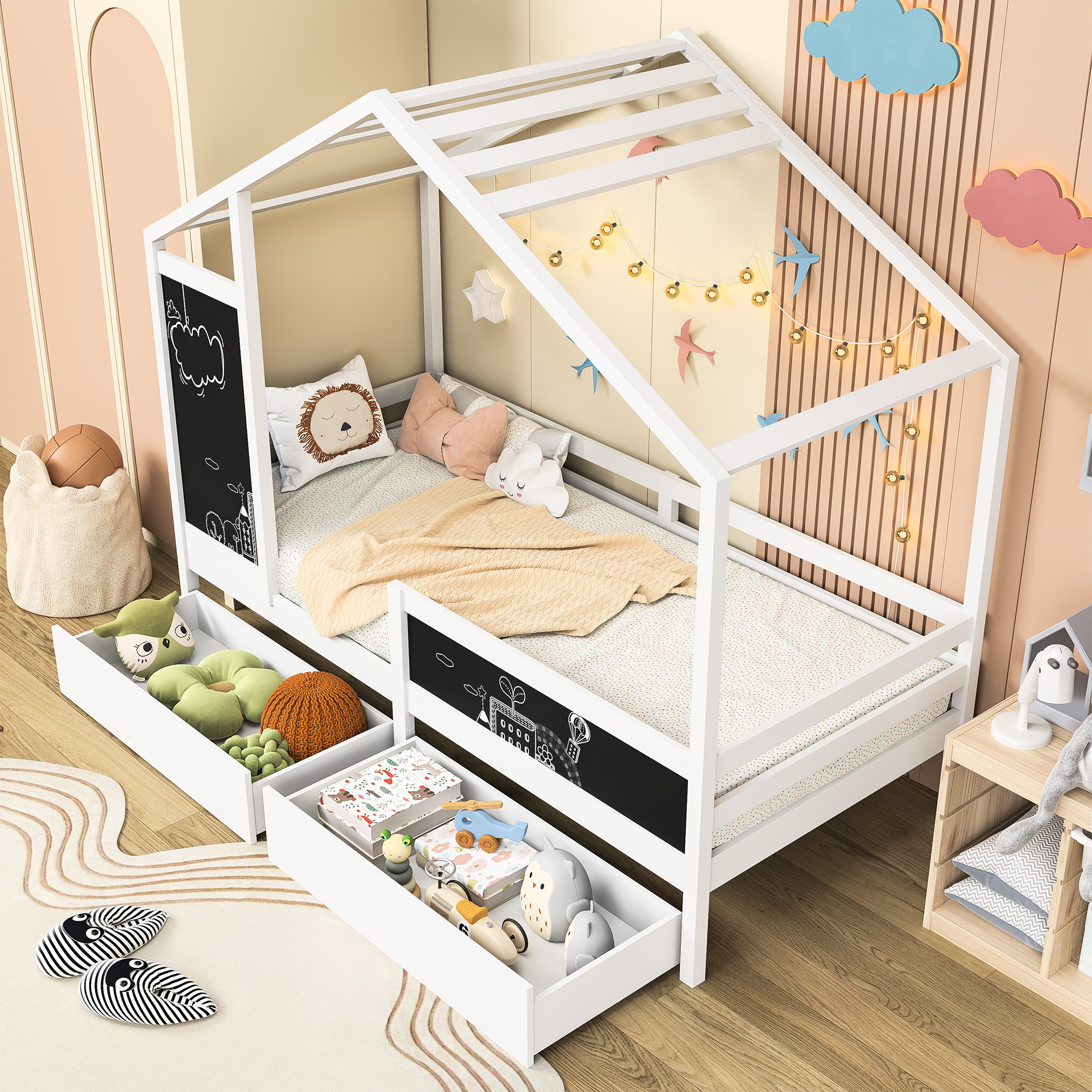 Casa cama infantil 90 x 200 cm, cama de madera con pizarra y 2 cajones, madera maciza con valla y somier de láminas