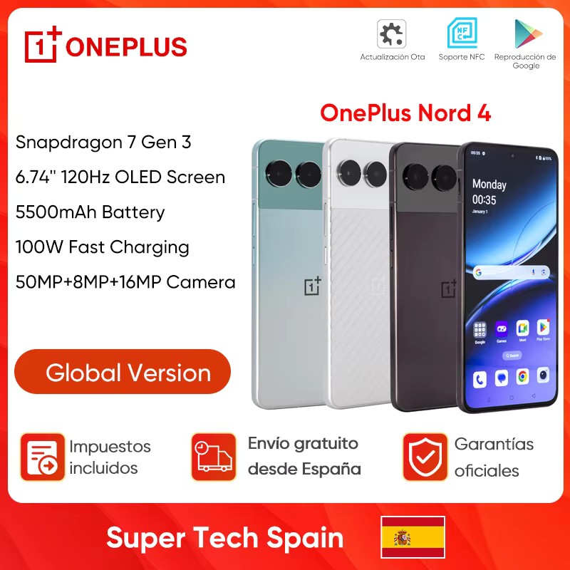 Smartphone 5G OnePlus Nord 4 100W Ricarica rapida Snapdragon 7 Gen 3 Display OLED da 6,74'' 120Hz Fotocamera da 50MP NFC Versione globale