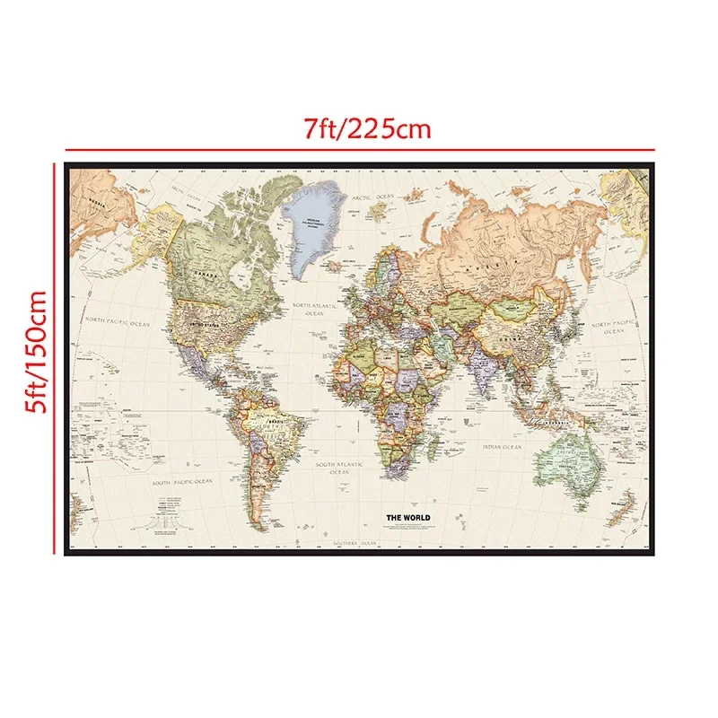 Mappa del mondo da parete 225 * 150 cm Immagine dettagliata Poster d'arte vintage Pittura non tessuta Regalo ideale per il corridoio del soggiorno della camera da letto