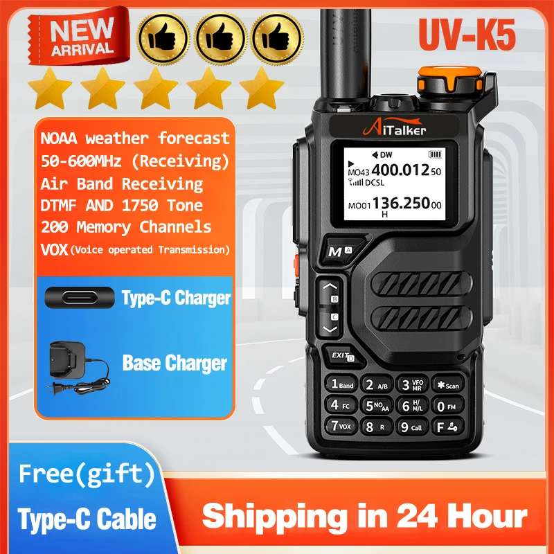 Quansheng Walkie Talkie UV-K5 Long Range Air Dual-Band 2-Wege-Radio 5 W High Power 1600 mAh Tragbares 200-Kanal-freies TPYE-C-Kabel