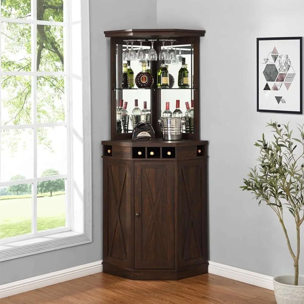 73" Tall Corner Storage Cabinet with Wood Doors, Wine Rcak, Liquor Glass Holder, Glass Design Large Rustic Bar Hutch