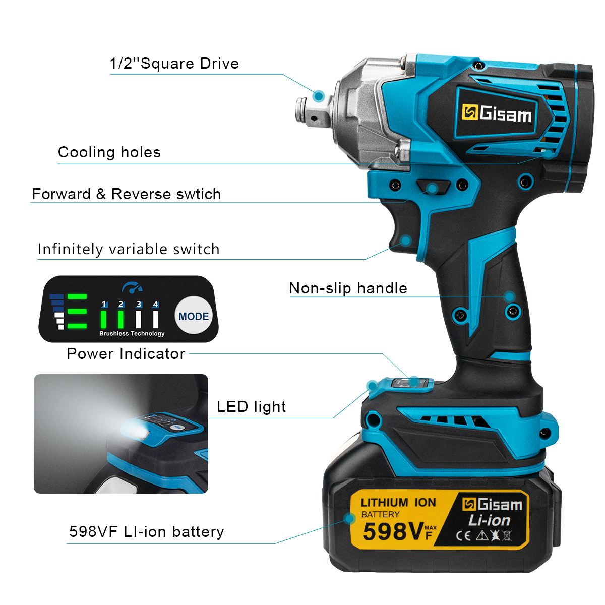 Gisam 1200N.M 토크 브러시리스 전기 임팩트 렌치 Makita 18V 배터리 핀용 1/2 인치 무선 렌치 스크루 드라이버 전동 공구